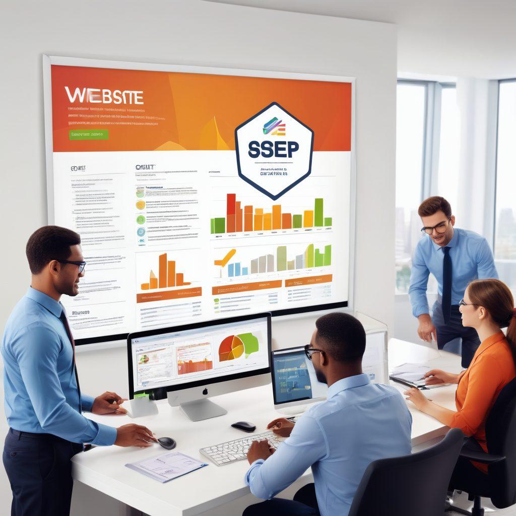 A modern, sleek office setting with a diverse team of professionals collaborating around a computer screen displaying a website with a 'TGP Compliant' badge. The background includes visual elements like graphs, charts, and notes illustrating customer-friendly web service concepts. All elements are designed with vibrant colors, clean lines, and a professional, friendly atmosphere. vector art. vibrant colors. white background.