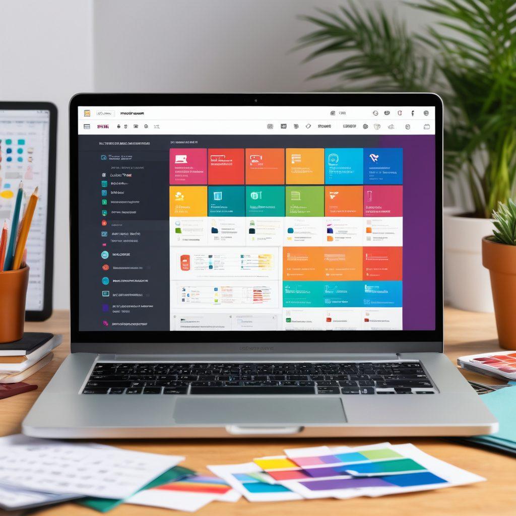 A sleek and modern website interface open on a laptop, surrounded by design tools like color swatches, wireframes, and coding icons. Include checkmarks and thumbs-up symbols indicating TGP compliance. The background should depict a creative workspace with vibrant colors and slight gradients. 3D. vibrant colors.