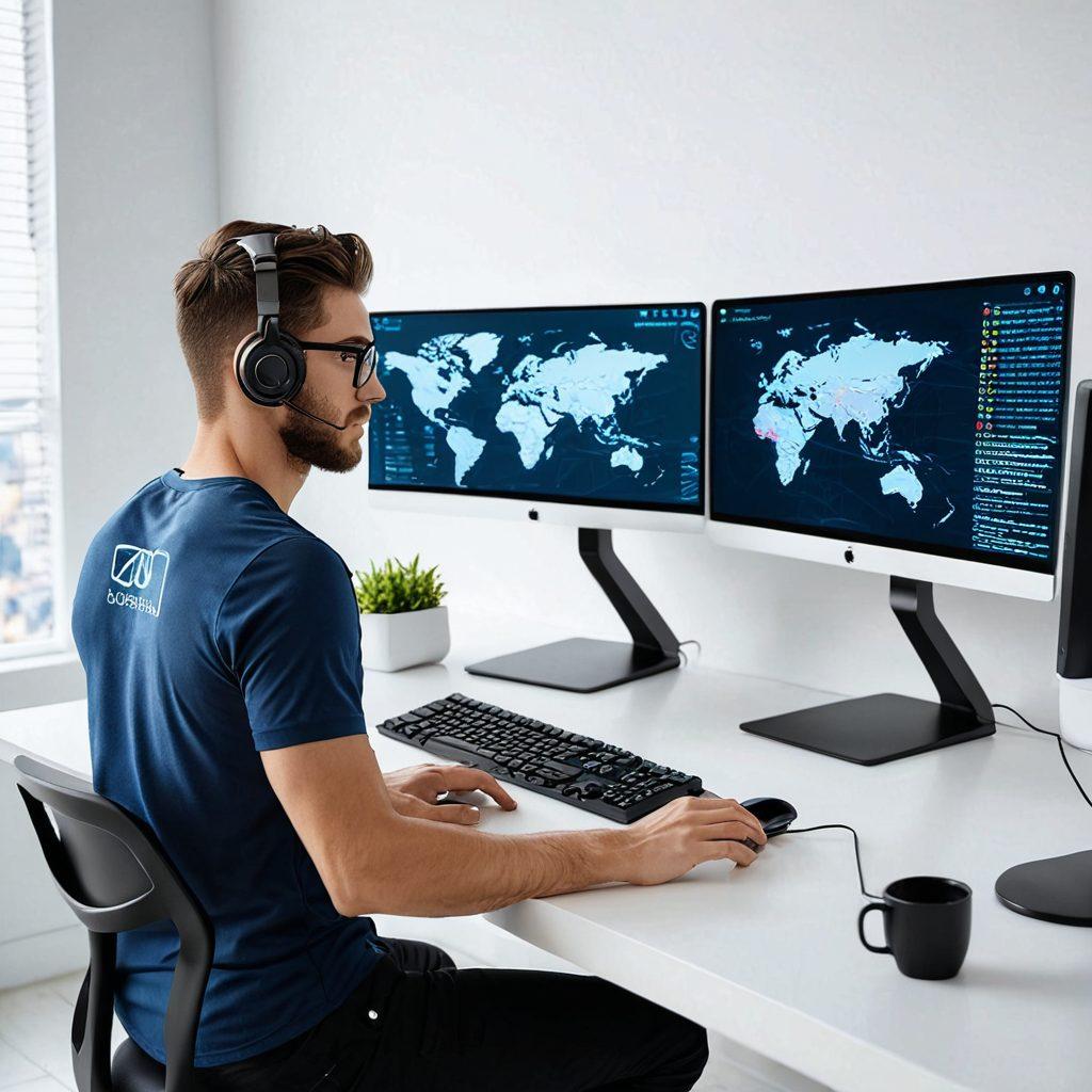 A sleek, modern web developer at a minimalist desk with dual monitors, showcasing lines of clean, well-documented code. Surroundings include tasteful, subtle tech decor indicating a focus on user experience and performance optimization. The background should hint at a globally connected, inclusive digital environment with various device icons floating around. super-realistic. vibrant colors. white background.
